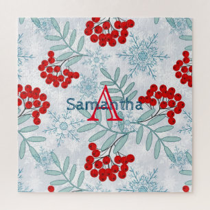 Christmas, Rowan, red, white, snowflakes Jigsaw Pu Puzzle