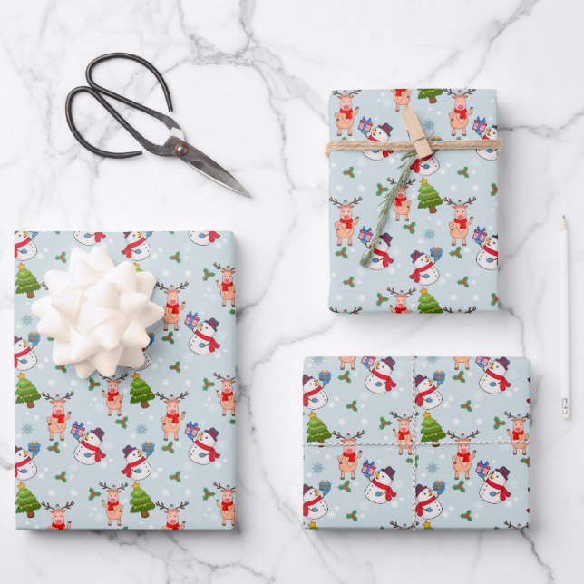 Christmas Rudolph Red Nosed Reindeer Snowmen Wrapping Paper Sheet (Front)