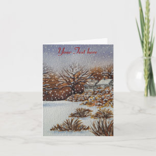 Christmas rural cottages snow scene art holiday card