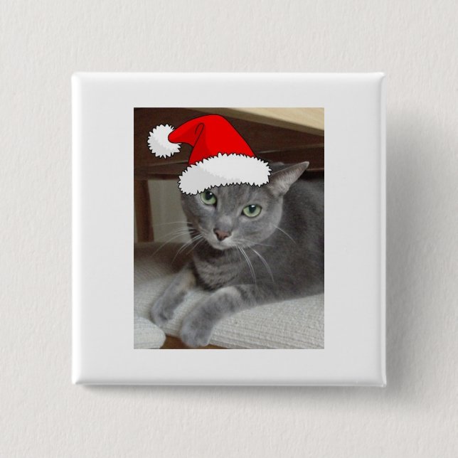 Christmas Russian Blue Grey Cat 2 Inch Square Button (Front)