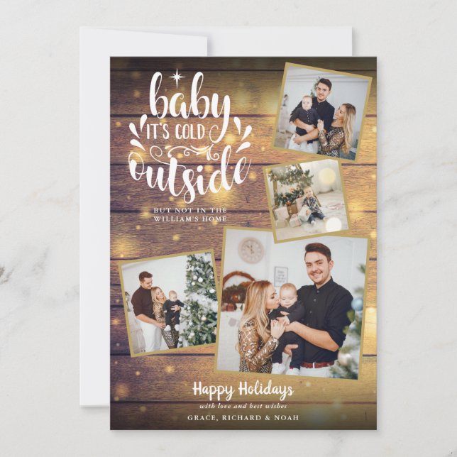 Christmas Rustic 4 Photo Collage Wood Holiday Card (Front)