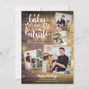 Christmas Rustic 4 Photo Collage Wood Holiday Card