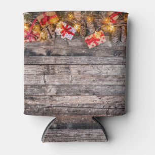 Christmas rustic background, wooden planks. can cooler
