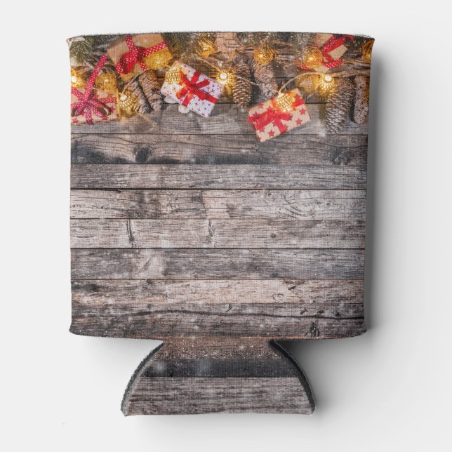 Christmas rustic background, wooden planks. can cooler (Front)