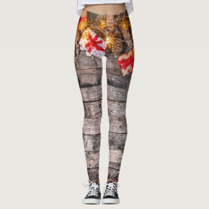 Christmas rustic background, wooden planks. leggings