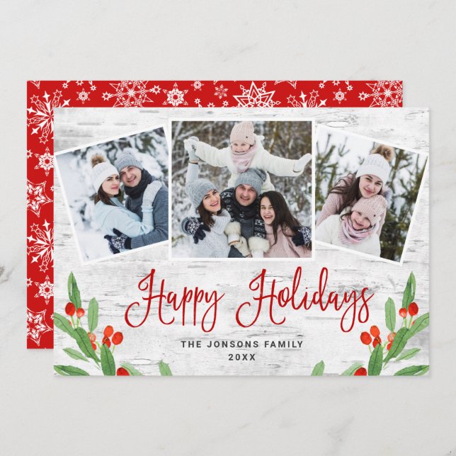 Christmas Rustic Birch Bark 3 PHOTO Greeting Holiday Card (Front/Back)