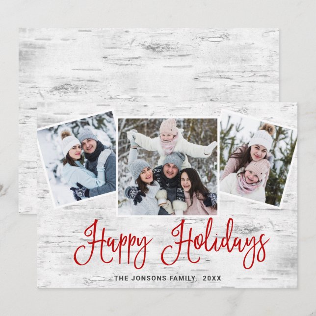 Christmas Rustic Birch Bark 3 PHOTO Greeting Holiday Card (Front/Back)