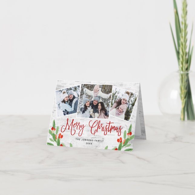 Christmas Rustic Birch Bark 3 PHOTO Greeting Holiday Card (Front)