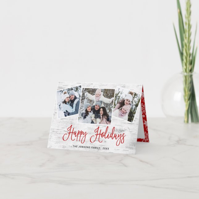 Christmas Rustic Birch Bark 3 PHOTO Greeting Holiday Card (Front)