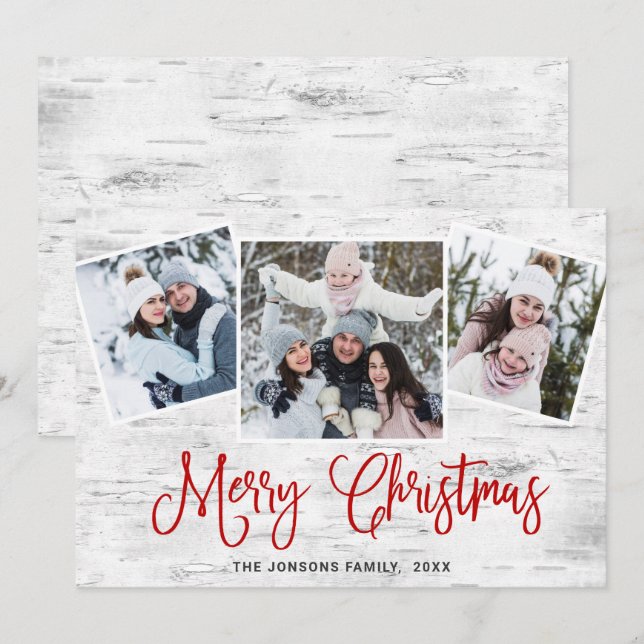 Christmas Rustic Birch Bark 3 PHOTO Greeting Holiday Card (Front/Back)