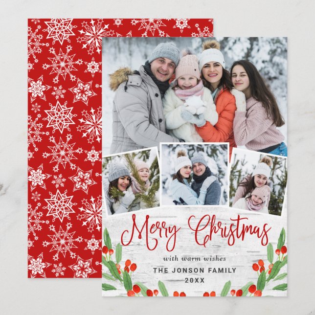 Christmas Rustic Birch Bark 4 PHOTO Greeting Holiday Card (Front/Back)