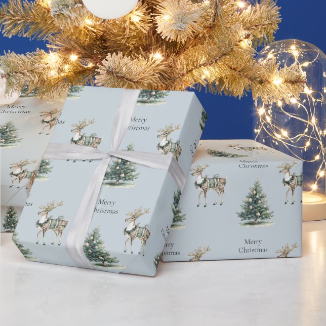 Christmas Rustic Blue Grey Green Deer Tree Wrapping Paper (Holidays)