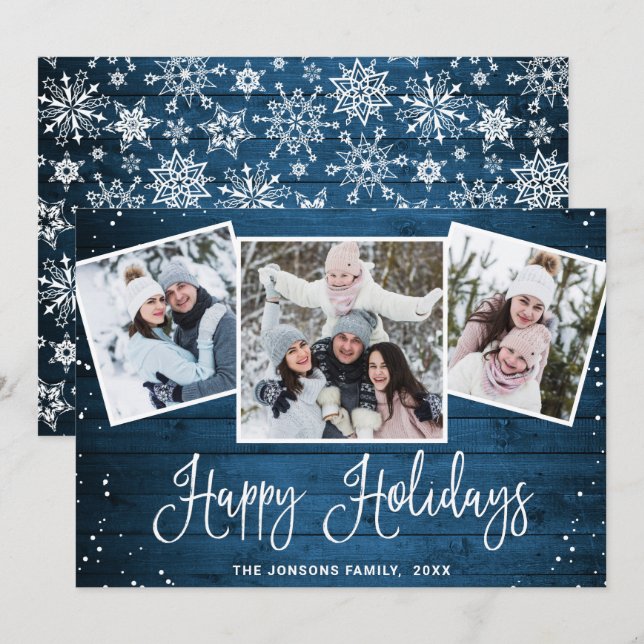 Christmas Rustic Blue Wood 3 PHOTO Greeting Holiday Card (Front/Back)