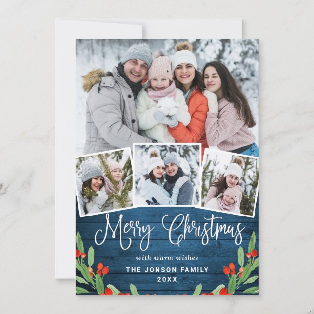Christmas Rustic Blue Wood 4 PHOTO Greeting Holida Holiday Card (Front)