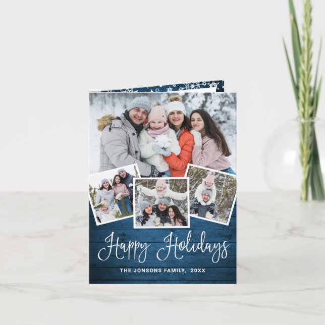 Christmas Rustic Blue Wood 4 PHOTO Greeting Holiday Card (Front)