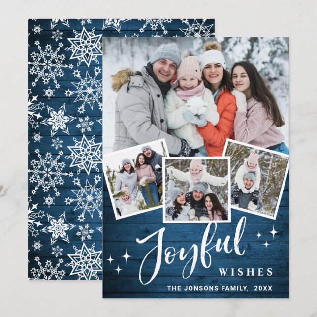 Christmas Rustic Blue Wood 4 PHOTO Greeting Holiday Card (Front/Back)