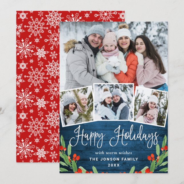 Christmas Rustic Blue Wood 4 PHOTO Greeting Holiday Card (Front/Back)