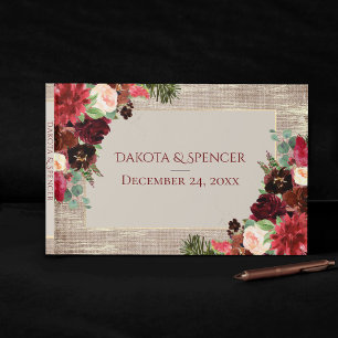 Christmas Rustic Boho Floral Burgundy Gold Burlap Guest Book