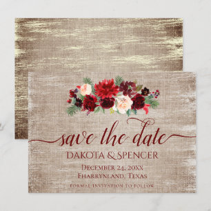 Christmas Rustic Boho Floral Burgundy Gold Burlap Save The Date