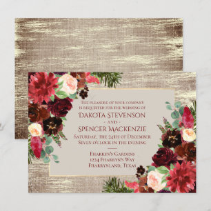 Christmas Rustic Boho Floral Burgundy Gold Kraft Invitation