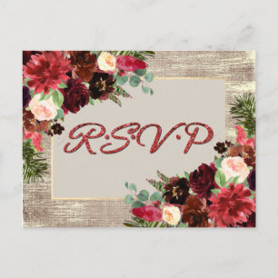 Christmas Rustic Boho Floral Burgundy RSVP Entree Postcard