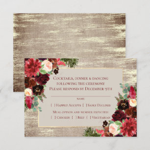 Christmas Rustic Boho Floral Marsala Burlap Entree RSVP Card