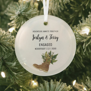 Christmas Rustic Boots Floral Bouquet Engagement Glass Ornament