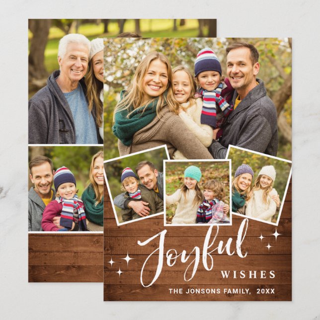 Christmas Rustic Brown Boho Wood 7 PHOTO Greeting  Holiday Card (Front/Back)