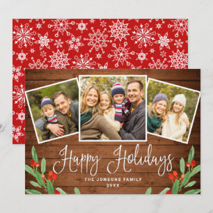 Christmas Rustic Brown Wood 3 PHOTO Greeting Holiday Card