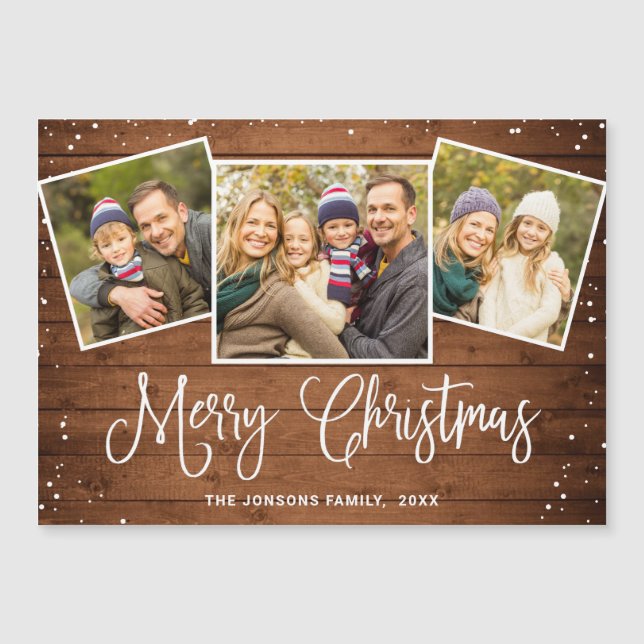 Christmas Rustic Brown Wood 3 PHOTO Magnetic Card (Front)