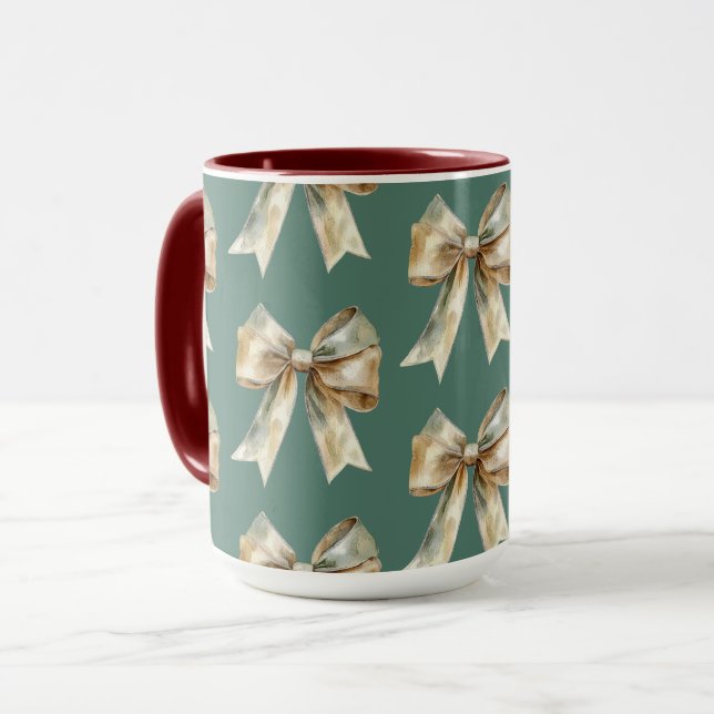 Christmas Rustic Chic Green Gold Bows  Mug (Front Left)