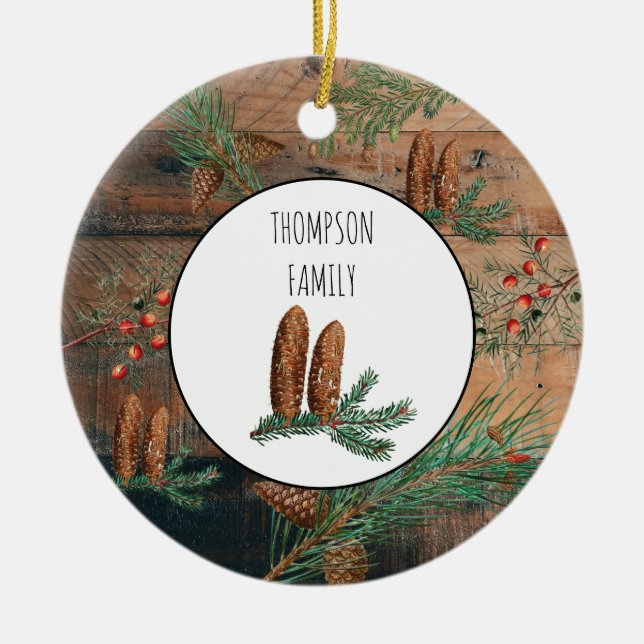 Christmas Rustic Conifers Pine Wood Family Name Ceramic Ornament (Front)
