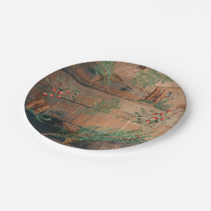 Christmas Rustic Conifers Pine Wood Paper Plate
