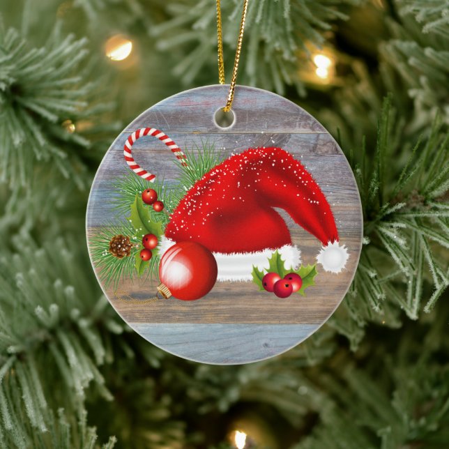 Christmas Rustic Country Santa Hat Grey Ceramic Ornament (Tree)