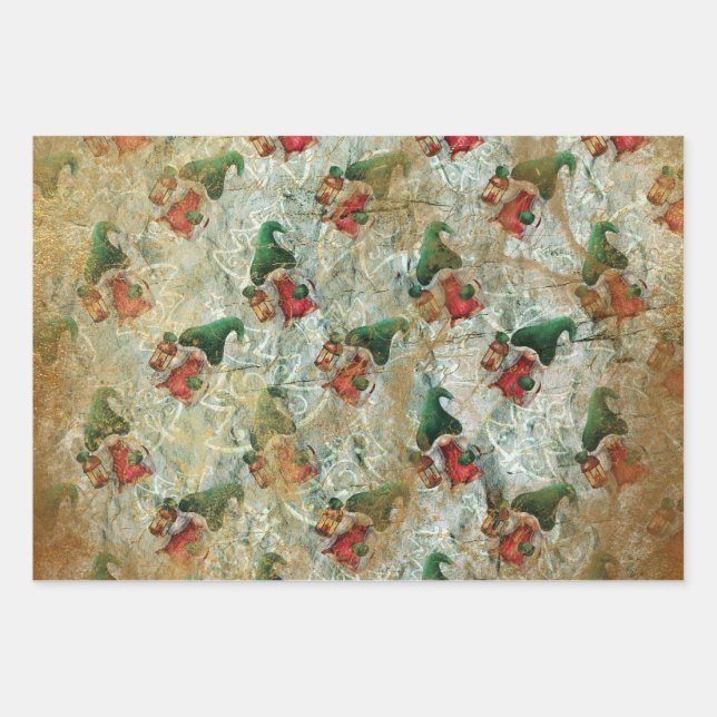 Christmas Rustic Gnome With Lantern Tree Pattern  Wrapping Paper Sheet (Front)