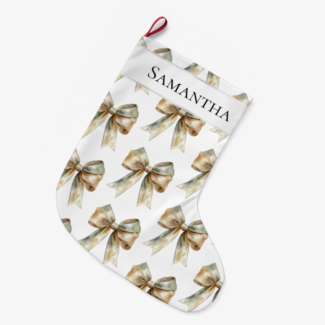 Christmas Rustic Green Gold Bow Personalized Large Christmas Stocking (Front (Hanging))