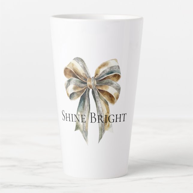 Christmas Rustic Green Gold Bow Personalized Latte Mug (Front)