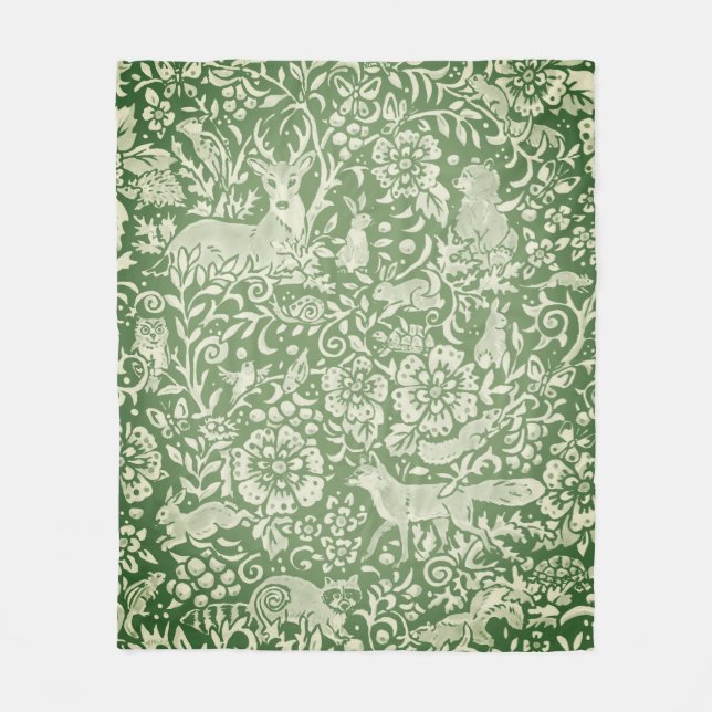 Christmas Rustic Green Woodland Animal Deer Fox  Fleece Blanket (Front)