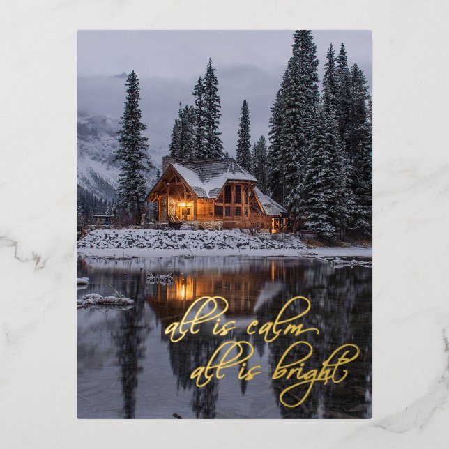Christmas Rustic Log Cabin Woods Lake Foil Holiday Postcard (Front)