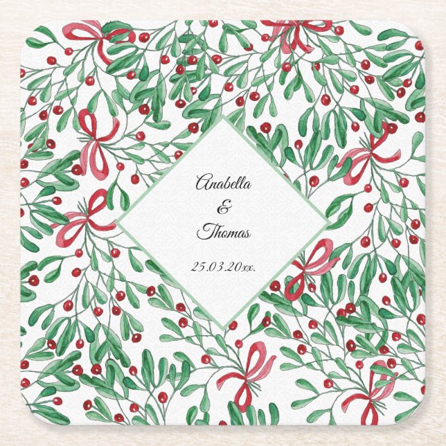 Christmas Rustic Mistletoe Watercolor Hand-painted Square Paper Coaster (Front)
