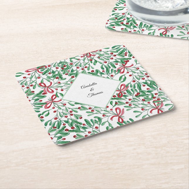 Christmas Rustic Mistletoe Watercolor Hand-painted Square Paper Coaster (Angled)