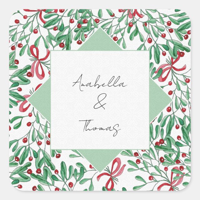Christmas Rustic Mistletoe Watercolor Hand-painted Square Sticker (Front)