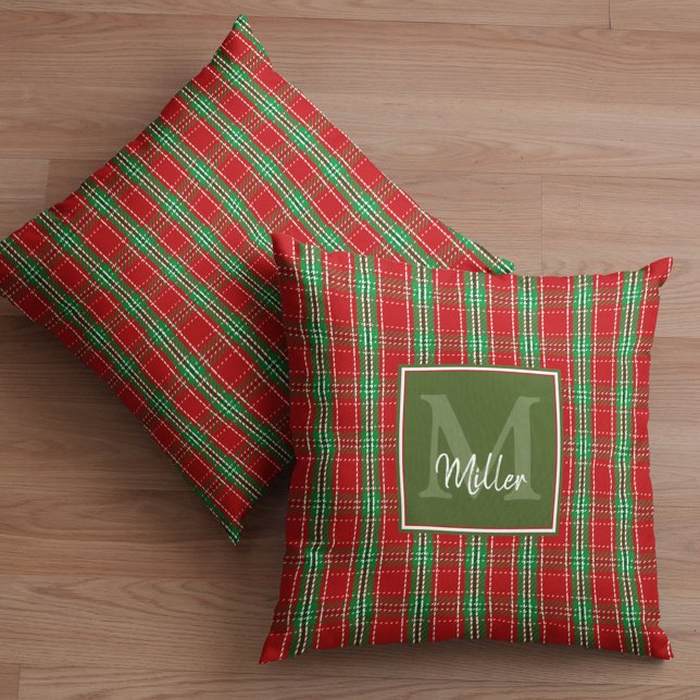 Christmas Rustic Monogram Green Holiday Plaid Throw Pillow (Red and green monogram plaid throw pillow. )