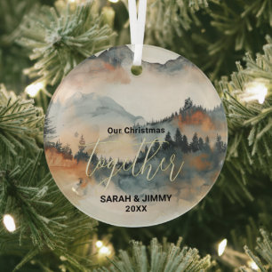 Christmas Rustic Mountain Adventure Outdoor Couple Glass Ornament