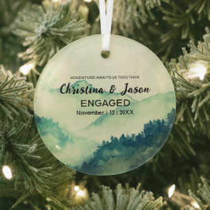 Christmas Rustic Mountain Hiking Engagement Green Glass Ornament