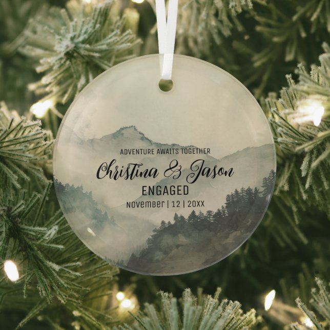 Christmas Rustic Mountain Hiking Engagement Green Glass Ornament (Insitu)