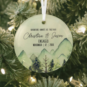 Christmas Rustic Mountain Hiking Engagement Green Glass Ornament