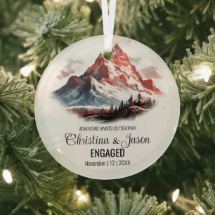 Christmas Rustic Mountain Range Couple Engage Red Glass Ornament