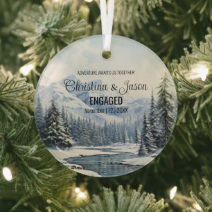 Christmas Rustic Mountain River Couple Engage Blue Glass Ornament
