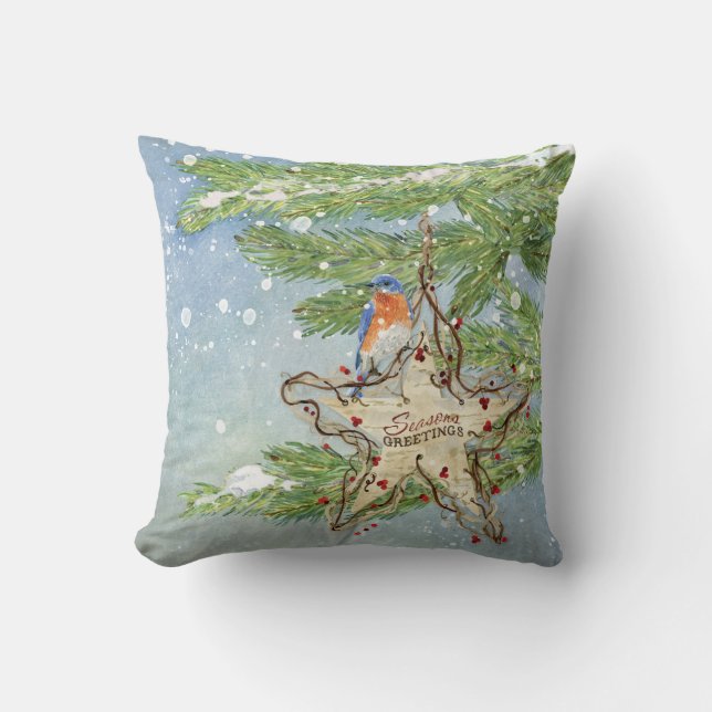 Christmas Rustic Nature Blue Bird birch Star Throw Pillow (Front)